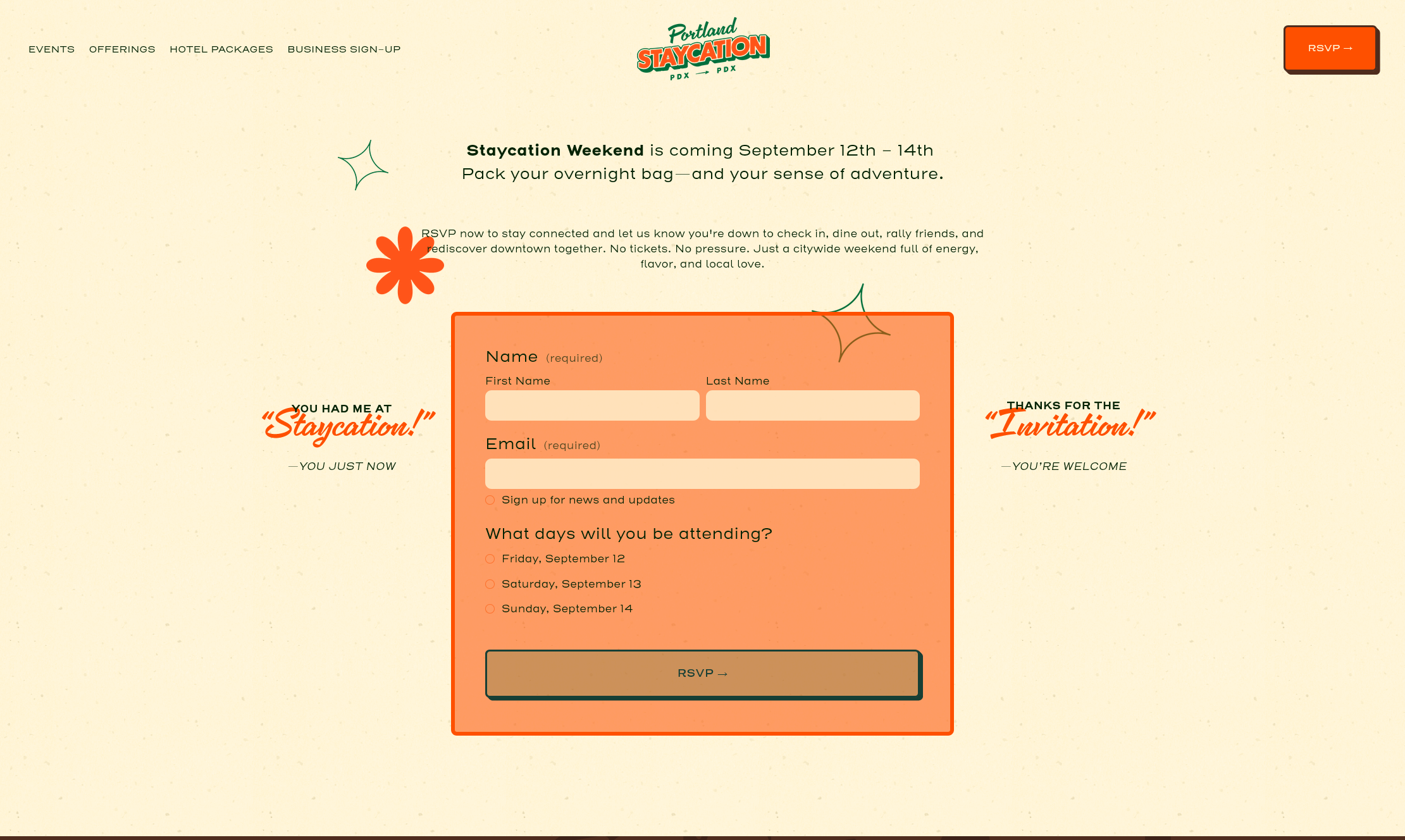 Portland Staycation website — RSVP